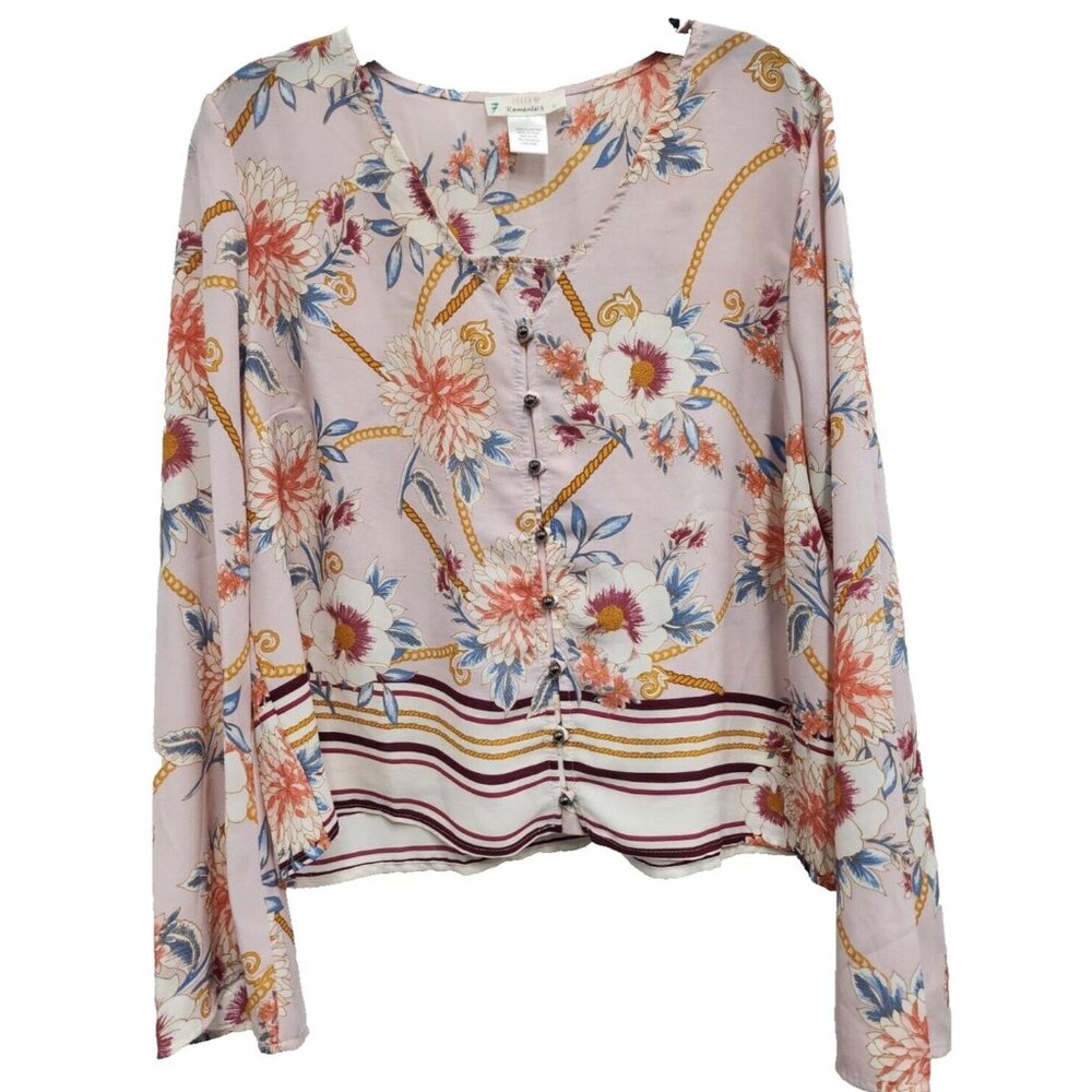 Urban Romantics Womens BOHO Cottagecore Top‎ Large Pink Floral Flare Sleeve